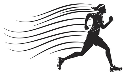 Silhouette of a woman running with speed lines indicating fast movement and athletic activity in black and white