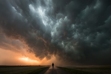 Solitary figure standing on a country road observing massive storm clouds at sunset