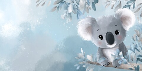 UROCZY MALUCH KOALA W AKWARELI PRZYTULAJĄCY SIĘ DO EUKALIPTUSA