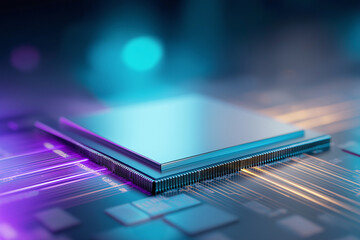 Futuristic CPU board placed on Violet and Cyan Motherboard Circuit, Powering AI Performance and Business Growth
