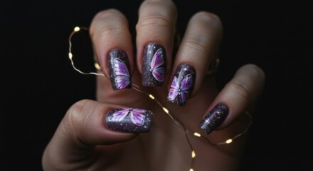 Close-up of a woman's hand showcasing an elegant manicure with purple butterfly nail art on a dark glitter background