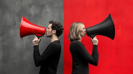 Dynamic Contrast of Voices: A Male and Female Figure Engaging with Distinctive Megaphones Against Boldly Colored Backgrounds