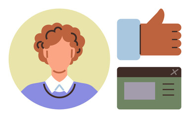 Person with curly hair in a circular frame, thumbs-up hand icon, and browser interface. Ideal for user feedback, profile identification, approval, interface design, communication, teamwork simple