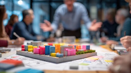 Medium shot capturing an architect presenting a colorful accessible slide model with blurred group observing and taking notes highlighting collaborative feedback on playground