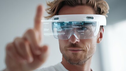 Man wearing futuristic glasses, interacting with holographic interface