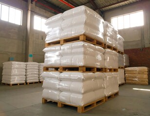Stacked pallets of white bagged goods shrink wrapped inside a warehouse with natural light