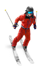 Skiing. Skier in action. Extreme sports. Sportsman in a red ski suit driving at high speed. Sport...