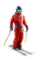 Skiing sport. Skier in full red gear. Silhouette of a skiing on white background. Red. Success....