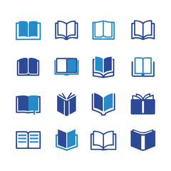 Collection of stylized open and closed blue book icons