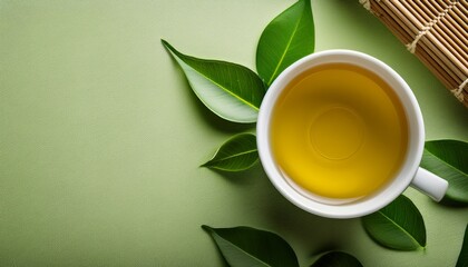 top down view of a cup of green tea on a table with leaves