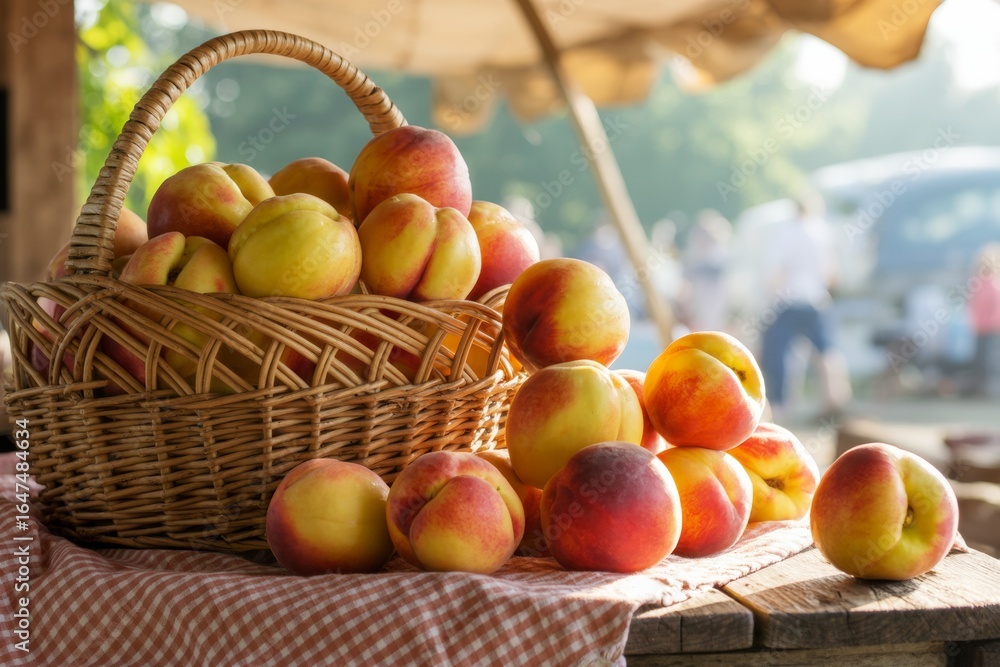 Poster fresh peaches in a wicker basket on rustic table with soft sunlight and blurred background at outdoo
