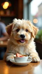 Fluffy dog sits patiently at cafe table, enjoying treat , pet cafe, small, puppy