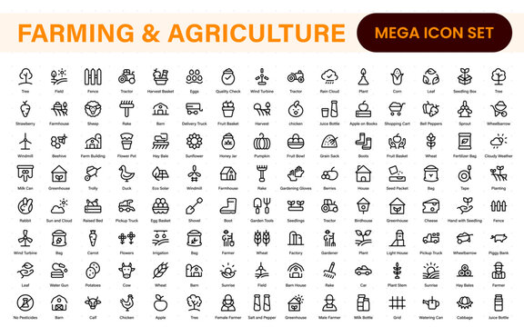 Farm, Farming, Agriculture - thin line web icon set. Contains such Icons as Greenhouse, Haystack, Harvest and more. Outline icons collection.