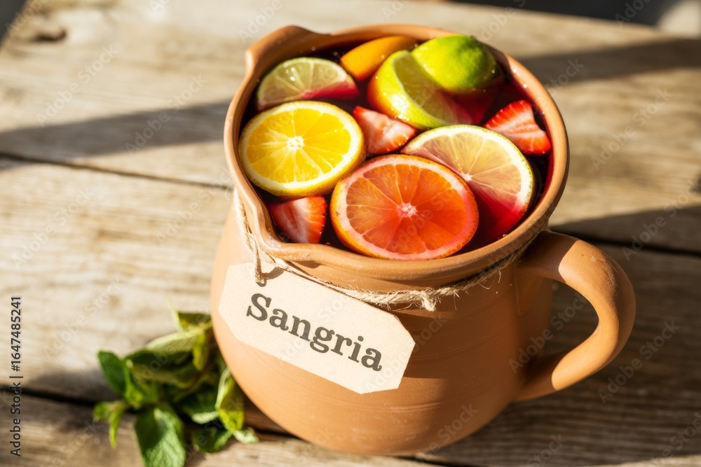 Poster clay pitcher filled with colorful sangria and citrus slices on rustic wooden table in natural light 