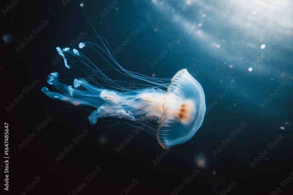 Poster transparent jellyfish glowing in deep ocean water illuminated by soft light, floating gracefully in 