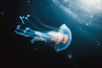 Transparent jellyfish glowing in deep ocean water illuminated by soft light, floating gracefully in a mysterious aquatic background concept. Ai generative