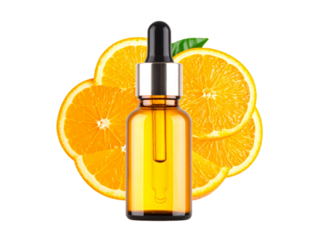 Front View of Brightening Skincare Serum Bottle with Citrus Accents, Transparent Background