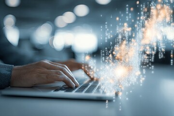 Person typing on laptop with digital data overlay