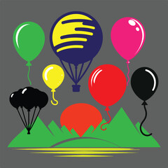 vector illustration of a colorful balloons, Black and white hot air balloons, Bundle of colorful balloons with strings.  birthday celebration icon.