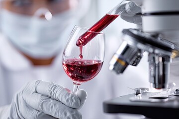 Scientist analyzing red wine in a lab