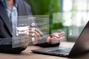 Car Maintenance Checklist and Quality Assurance, Businessman check Warranty condition, Inspecting...