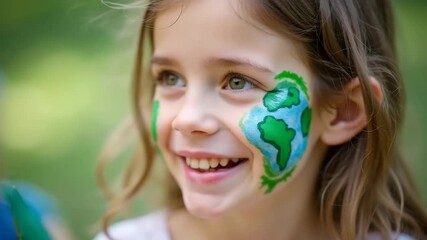 Girl smiling with painted globe on face in outdoor green setting   - Powered by Adobe