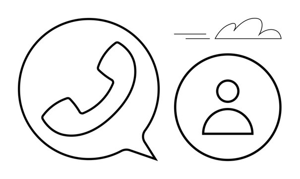 Phone receiver in speech bubble and user profile circle with minimal cloud accent. Ideal for communication, networking, customer service, contact solution, teamwork, social media, mobile apps. Modern