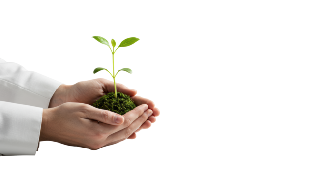 Clean gender-neutral hands gently cup a vibrant green plant with visible shirt cuffs, on a transparent surface, diffused studio light. Concept of business growth and sustainability