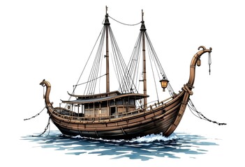Magnificent Antique Wooden Sailing Ship Illustration: A Detailed Drawing of a Historical Vessel