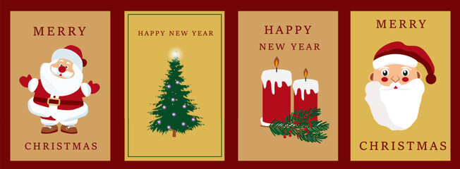 Happy New Year and Christmas greeting cards with a Christmas tree, Santa and candles. Vector illustration