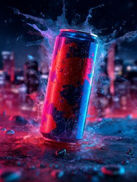 Energy Drink Can with Splashing Liquid and Colorful Neon Lighting