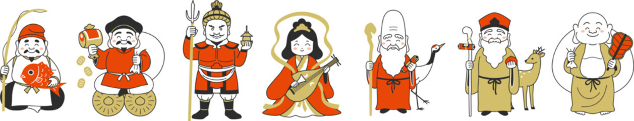 横一列に並ぶ七福神のイラスト