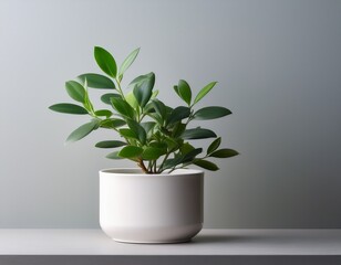 small green plant in white ceramic pot against light gray wall