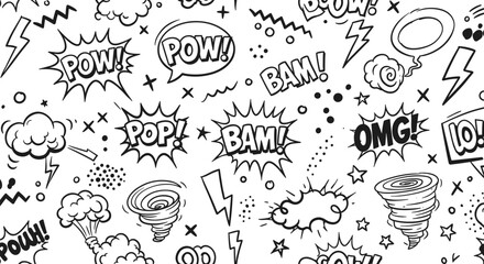 Black and white comic book style pop art doodle with POW, BAM, POP, OMG, and cartoon explosion effects