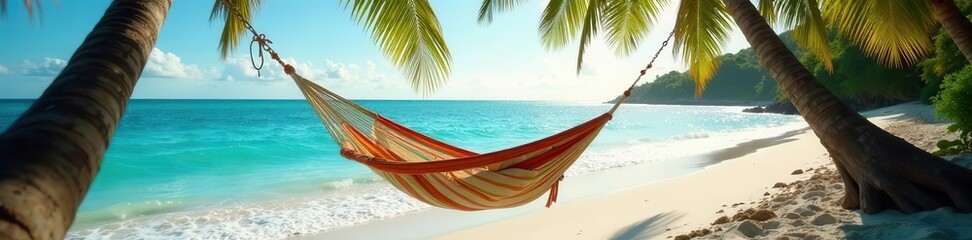Obraz premium Hammock sways gently between palms, soft waves lap shore , sand, scene, green