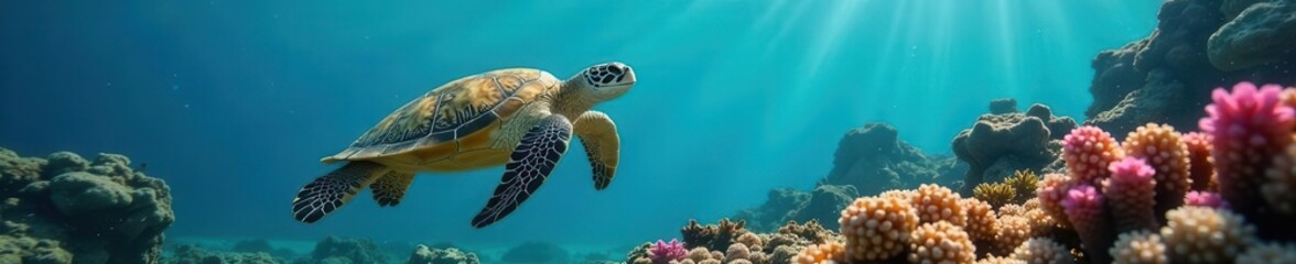 Fototapeta premium Hawksbill turtle gracefully swimming in coral reef , coral, species, wildlife photography