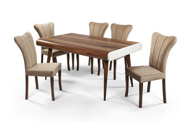 wooden dining table set isolated on white background . table and chair .