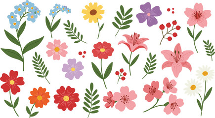Colorful flat design floral clipart collection with leaves, daisies, lilies, wildflowers, berries, and seasonal botanical illustrations