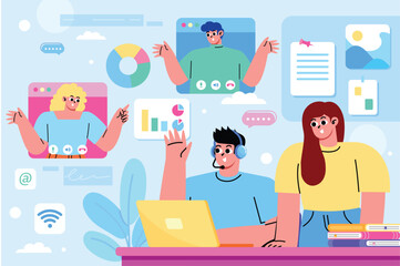 Student and Teacher in an E-learning Environment Flat Hand Drawn Composition