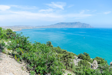 Beautiful blue ocean with a green hillside