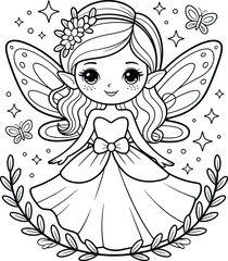 Cute fairy princess coloring page for kids, black and white line art with butterfly wings, dress, flowers, and magical elements