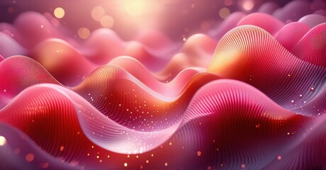 Abstract waves, vibrant pinks, reds create flowing landscape. Light sparkles, soft gradients suggest depth, movement.