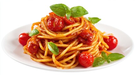 A plate of spaghetti topped with vibrant cherry tomatoes and garnished with fresh basil leaves is presented for dinner. The dish offers a colorful and appetizing appearance