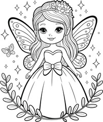 Cute fairy princess coloring page for kids, black and white line art with butterfly wings, dress, flowers, and magical elements