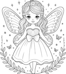 Cute fairy princess coloring page for kids, black and white line art with butterfly wings, dress, flowers, and magical elements