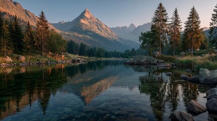 Majestic mountain peak reflected in a calm lake surrounded by a dense forest and lush greenery under a clear sky
