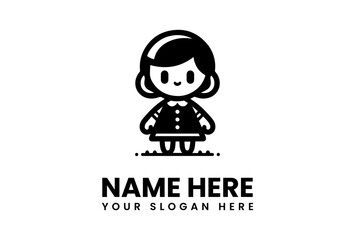 Adorable Black and White Cartoon Girl Logo with Simple Details and Design.
