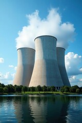Obraz premium Large industrial cooling towers at nuclear plant, engineering, thermal power