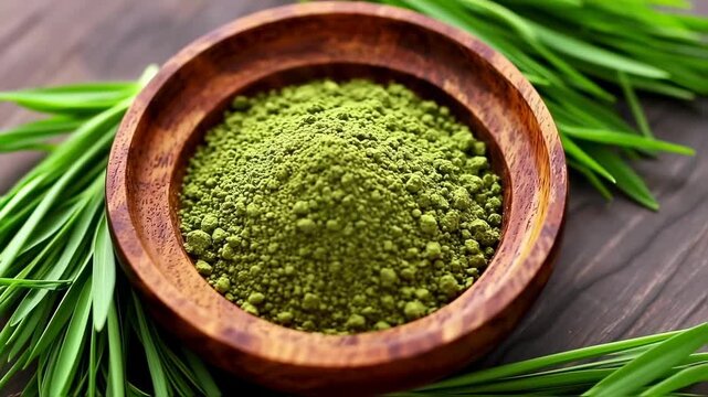 Wheatgrass Powder in Wooden Bowl with Fresh Greens