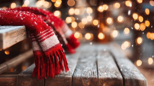 Red plaid scarf sparkling on rustic wooden bench
